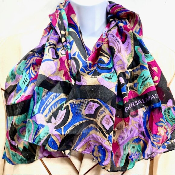 Pierre Balmain Silk Scarf  chiffon satin multi color red black purple 62X31 (50) - Picture 2 of 6